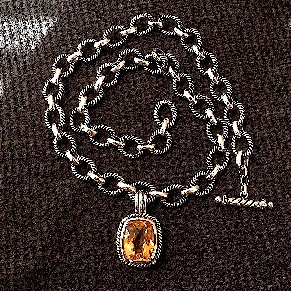 Cushion Cut Citrine Pendant on Sterling Silver Rope & Cable Link Toggle Necklace